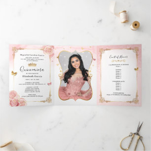 Photo Spanish Light Pink and Gold Quinceanera Tri-Fold Invitation
