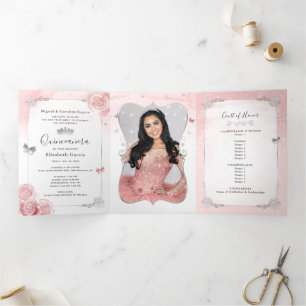 Photo Spanish Light Pink Silver Quinceanera Tri-Fold Invitation