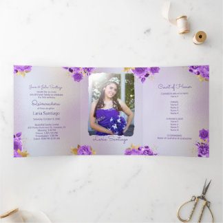 Photo Spanish Pearl and Purple Roses Quinceanera Tri-Fold Invitation