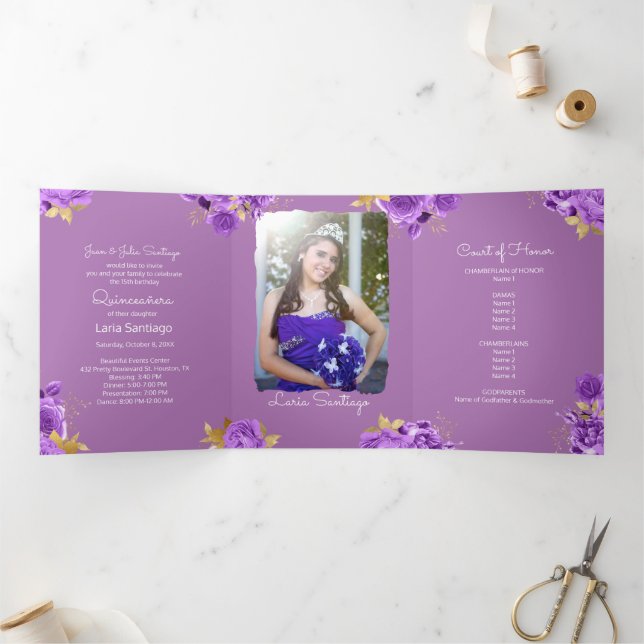 Photo Spanish Pink and Purple Roses Quinceanera  Tri-Fold Invitation (Inside)