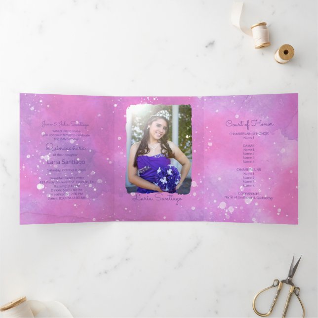 Photo Spanish Pink watercolor Quinceanera  Tri-Fold Invitation (Inside)