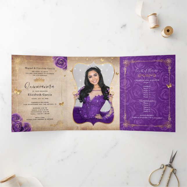 Photo Spanish  Purple Rose Gold Quinceanera Tri-Fold Invitation (Inside)