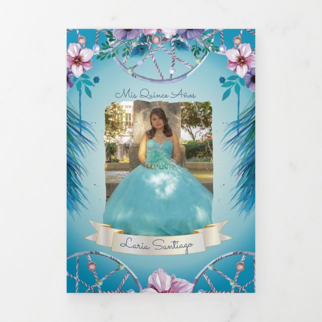 Photo Spanish Turqouise Dream catcher Quinceanera Tri-Fold Invitation (Cover)