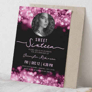 PHOTO Sparkle Lights Sweet 16 Birthday Hot Pink Invitation
