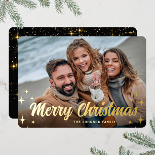 PHOTO Sparkle Merry Christmas Greeting Gold Foil Holiday Card