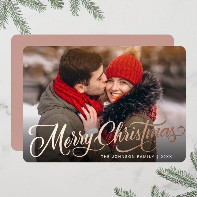 PHOTO Sparkle Merry Christmas Greeting Rose Gold Foil Holiday Card (Creator Uploaded)
