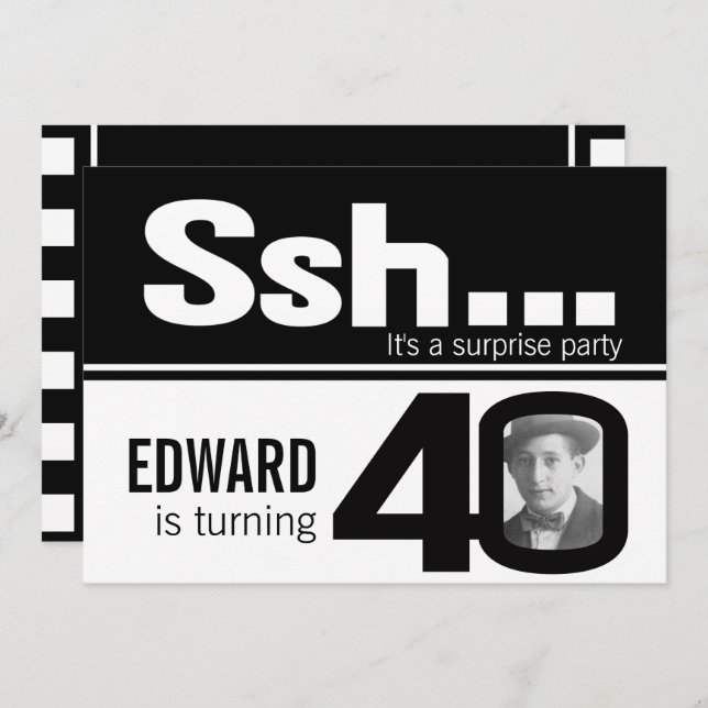 Photo ssh men black white 40th birthday invite (Front/Back)