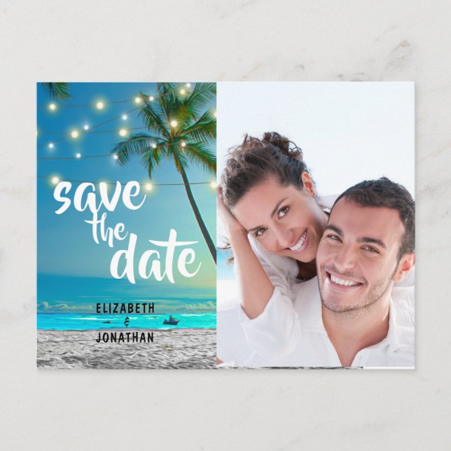 Photo String Lights Tropical Beach Save The Date Announcement Postcard (Front)