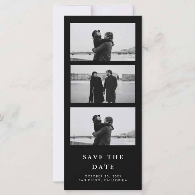 Photo Strip QR Code Black Wedding Save The Date (Front)