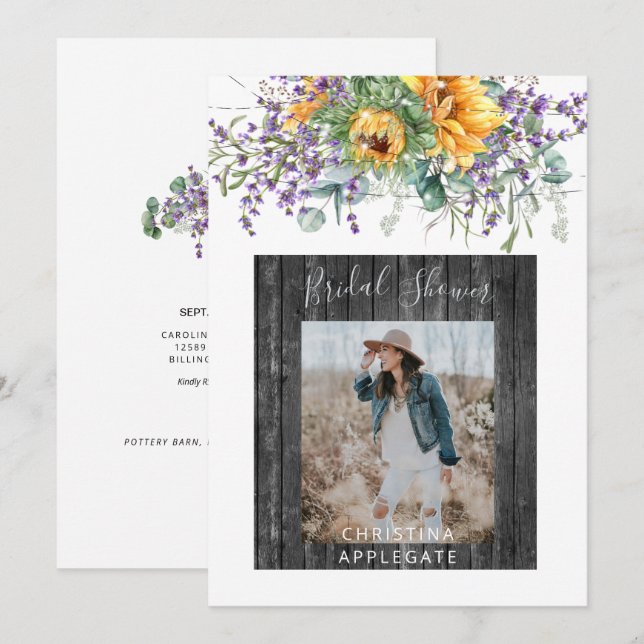 Photo Sunflower Lavender Rustic Bridal Shower  Invitation (Front/Back)