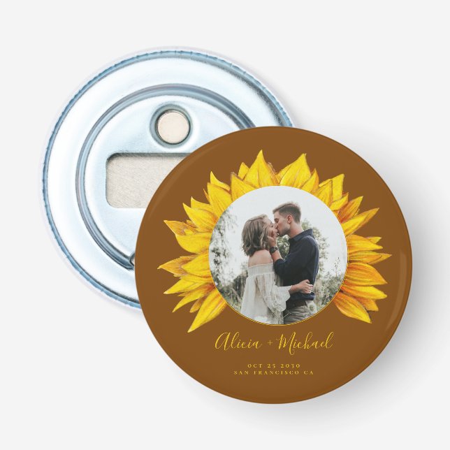 Photo sunflower rustic wedding favour bottle opener (Front)