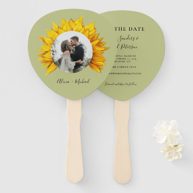 Photo sunflower rustic wedding save the date hand fan (Front and Back)