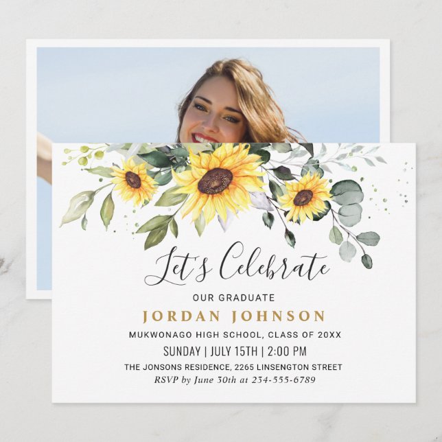 PHOTO Sunflowers Eucalyptus Graduation Party  Invitation (Front/Back)