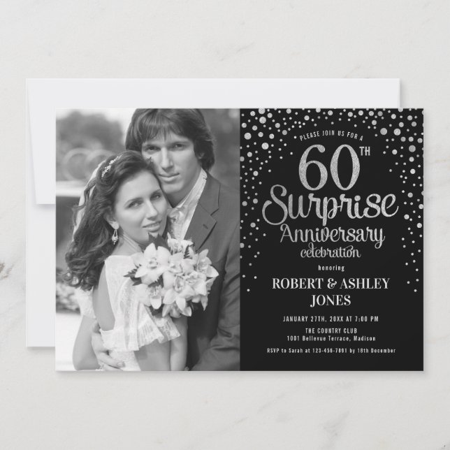 Photo Surprise 60th Anniversary - Black Silver Invitation (Front)