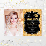 Photo Sweet 16 Birthday - Kiss Gold Black Invitation<br><div class="desc">Photo Sweet 16 Birthday - Kiss Gold Black. Sweet sixteen birthday party invitation with your photo. Features script font,  lips kiss and confetti. Classy black design with faux glitter gold. Perfect for an elegant glam 16th bday celebration.</div>