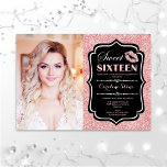 Photo Sweet 16 Birthday -  Kiss Rose Gold Black Invitation<br><div class="desc">Photo Sweet 16 Birthday -  Kiss Rose Gold Black. Sweet sixteen birthday party invitation with your photo. Features script font,  lips kiss and confetti. Classy black pink design with faux glitter rose gold. Perfect for an elegant glam 16th bday celebration.</div>