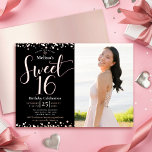 Photo Sweet 16 Birthday Modern Real Rose Gold<br><div class="desc">“Happy Sweet 16”. Send out this stunning, sparkly, girly, festive, modern, personalized, custom photo real gold foil party invitation for an event to remember. Rose gold script typography and confetti overlay a black background on the left half of the card. A custom photo of the birthday girl is on the...</div>