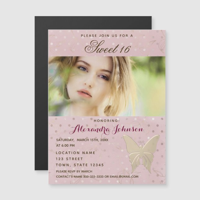 Photo Sweet 16 Girl Pink and Gold Butterfly Magnetic Invitation (Front/Back)