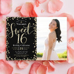 Photo Sweet 16 Modern Black Gold Glitter Birthday Invitation<br><div class="desc">“Happy Sweet 16”. Send out this stunning, sparkly, girly, elegant, modern, personalized, custom photo party invitation for an event to remember. Gold glitter script typography and confetti overlay a black background on the left half of the card. A custom photo of the birthday girl is on the right. More gold...</div>