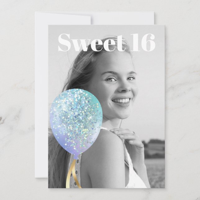*~* PHOTO Sweet 16 Rainbow Balloon AP29 Birthday Invitation (Front)