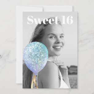 *~* PHOTO Sweet 16 Rainbow Balloon AP29 Birthday Invitation