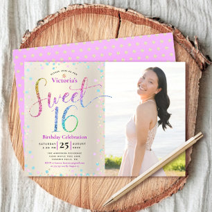 Photo Sweet 16 Rainbow Glitter Gold Foil Birthday Invitation