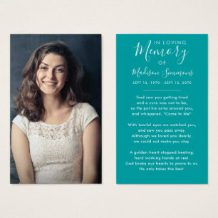 Photo Sympathy Funeral Memorial Teal Prayer Card