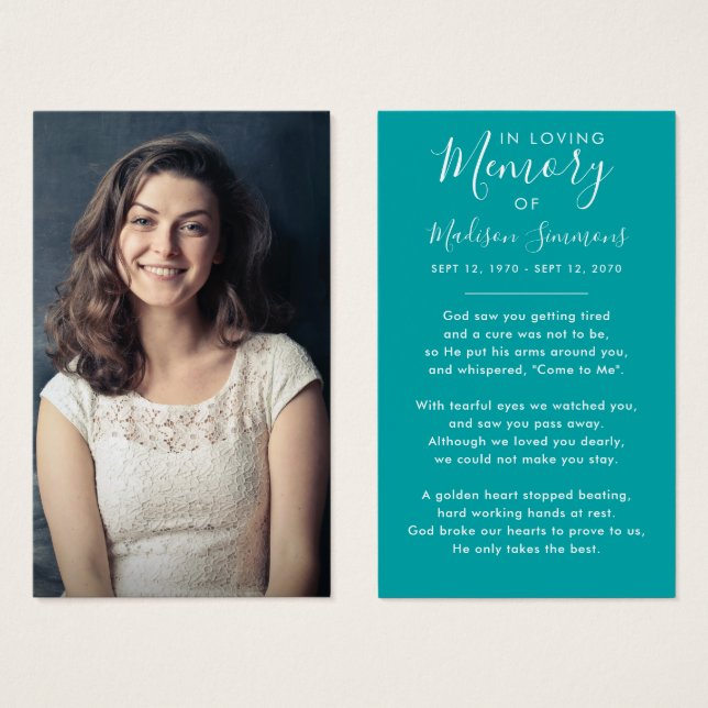 Photo Sympathy Funeral Memorial Teal Prayer Card (Front & Back)