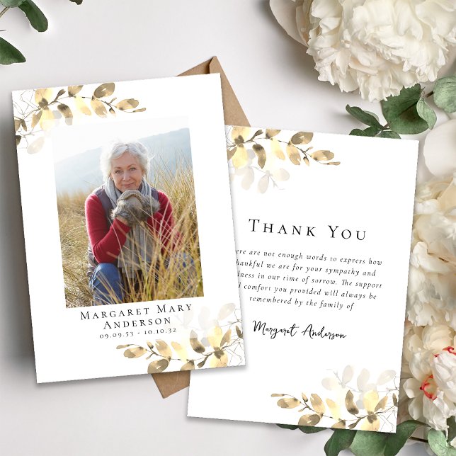 Photo Sympathy Gold Eucalyptus Funeral  Thank You Card (Creator Uploaded)