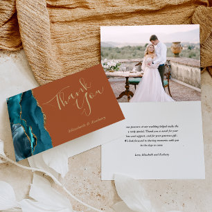 Photo Teal Agate Gold Rust Wedding Thank You Card