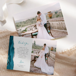 Photo Teal Blue Agate Silver Script Grey Wedding Thank You Card