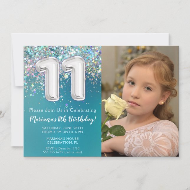 Photo Teal Silver Glitter 11th Birthday Invitation (Front)