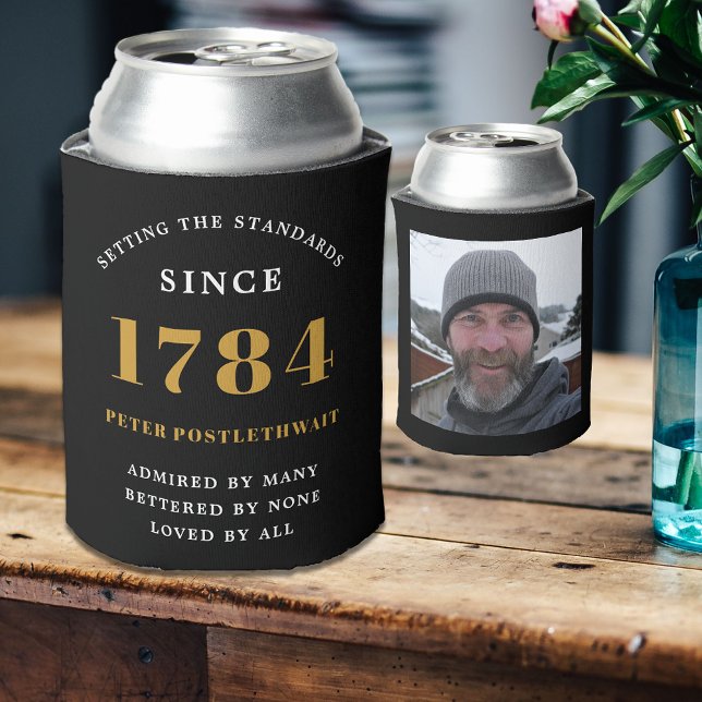 Photo Template Birthday Party Black Gold Any Year Can Cooler (Birthday can cooler in black and gold with personalized text and photo template.)