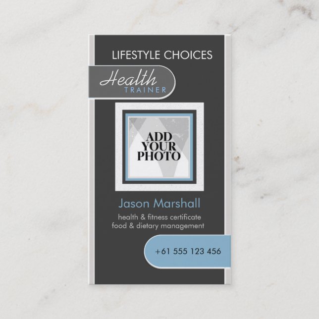 Photo Template Dark Grey + Blue Business Card (Front)