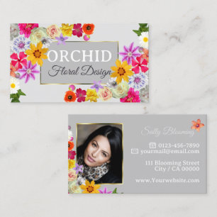 Photo Template Elegant Wildflowers Gold Light Grey Business Card