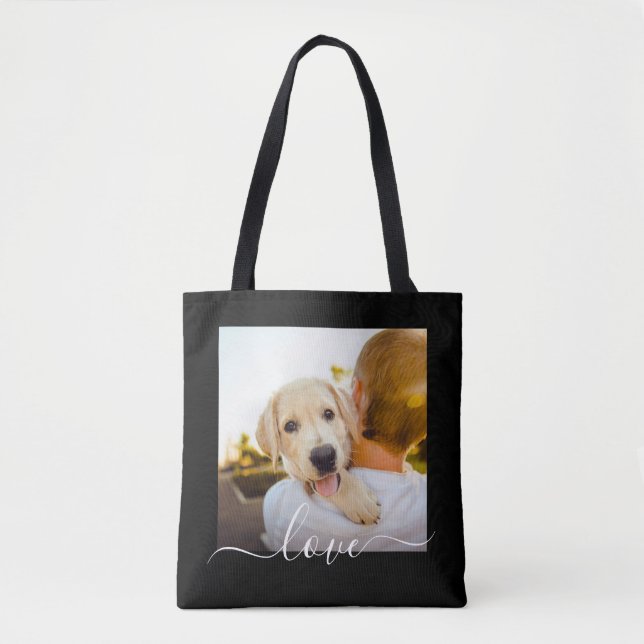 Photo Template Love Text Black Carry Tote Bag (Front)