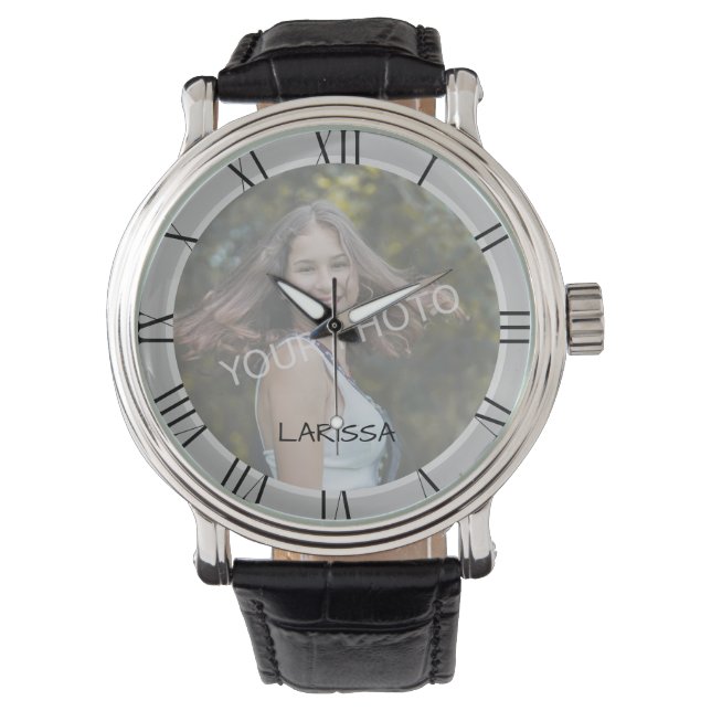 Photo Template Monochrome Grey Simple Custom Name Watch (Front)