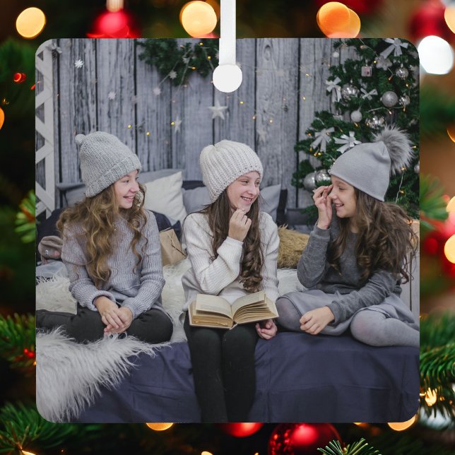 Photo Template Name and Year Christmas Tree Metal Ornament (Creator Uploaded)