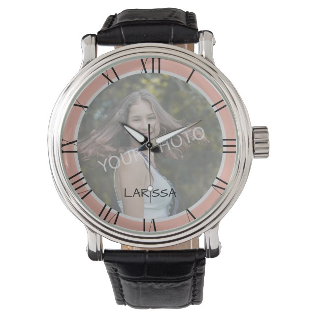 Photo Template Pastel Rose Pink Cute Custom Name Watch (Front)