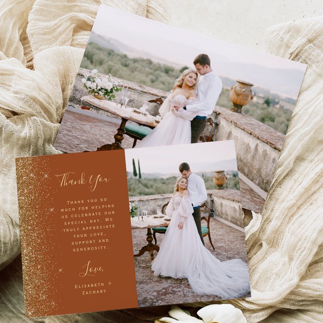 Photo Terracotta Gold Glitter Script Wedding Thank You Card (Creator Uploaded)
