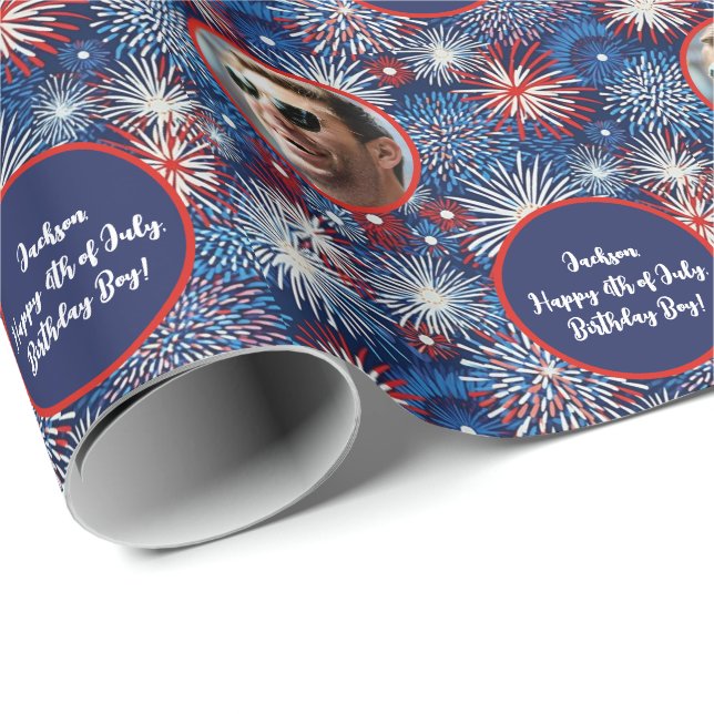 Photo Text Red Blue White 4th of July Birthday Wrapping Paper (Roll Corner)