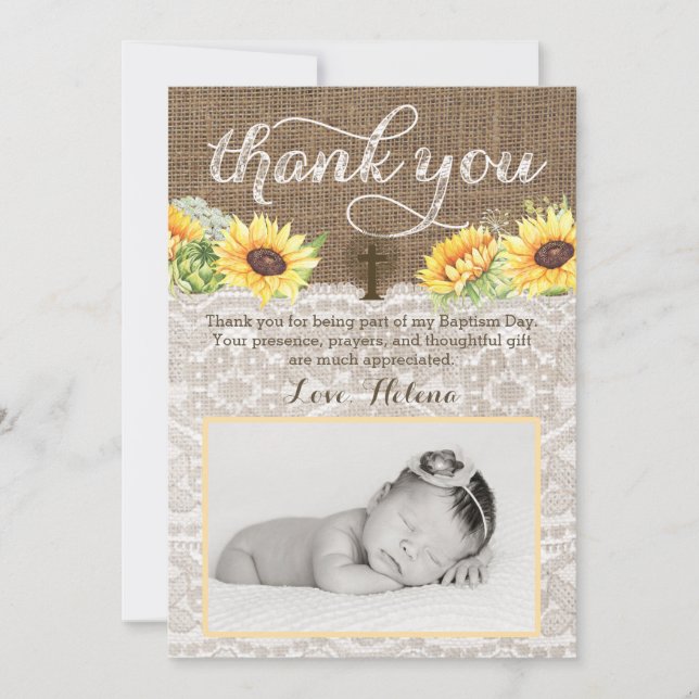 photo thank you card with Sunflowers Christening (Front)