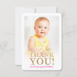 PHOTO THANK YOU cute gold glitter pink watercolor Card