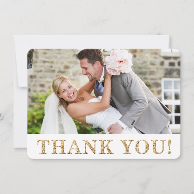 PHOTO THANK YOU cute gold glitter text wedding Card (Front)