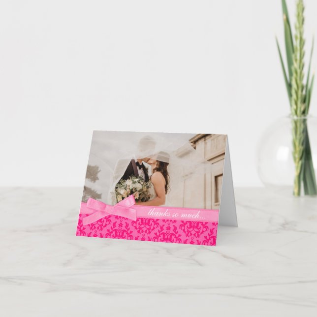 Photo thank you damask wedding hot pink card (Front)