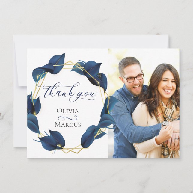 Photo Thank You Modern Deep Indigo Blue and Gold Card (Front)