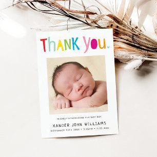PHOTO THANK YOU modern new baby colourful type Card