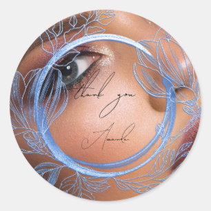 Photo Thank You Name Magnolia Floral Elegant Blue Classic Round Sticker