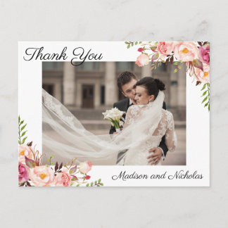 Photo Thank You Postcards with Rustic Pink Flowers