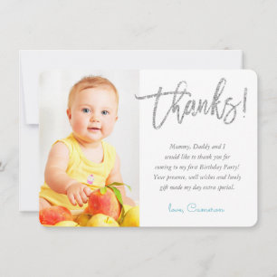 PHOTO THANK YOU pretty silver glitter script aqua Card